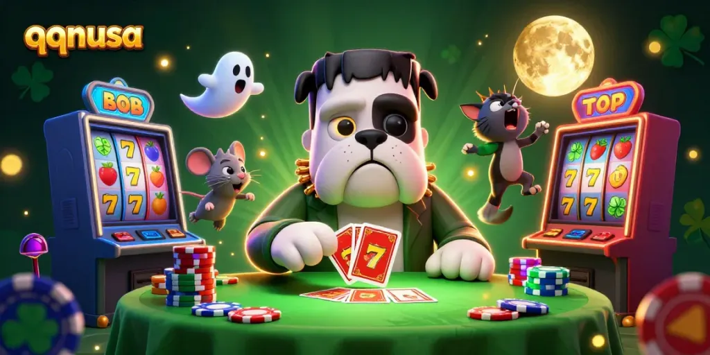 Experience thrilling card games with qqnusa in a lively 3D casino scene featuring playful characters.