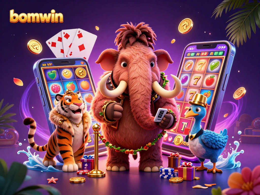Experience the thrill of bomwin casino with a dynamic 3D illustration featuring a woolly mammoth doorman and fun game elements.