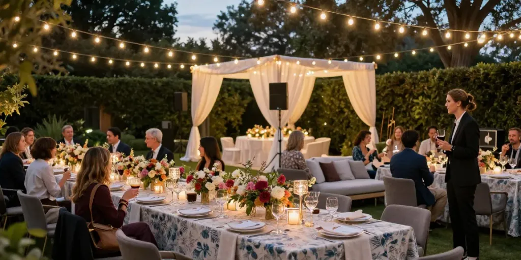 Event rentals transform outdoor gatherings with elegant setups and lighting.