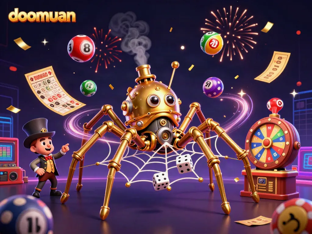 Catch exciting moments with doomuan, a steampunk spider surrounded by gambling elements in a vibrant 3D scene.