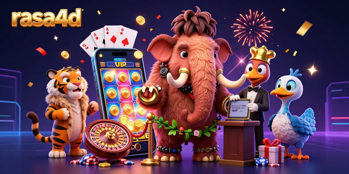Gambar menarik dari bouncer mamut berbulu, VIP macan sabertooth, dan doorman dodo di kasino, menggunakan rasa4d dalam situasi ceria.