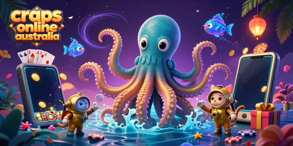 Engage in craps online Australia with vibrant 3D illustration of kraken, diving cat, and casino elements
