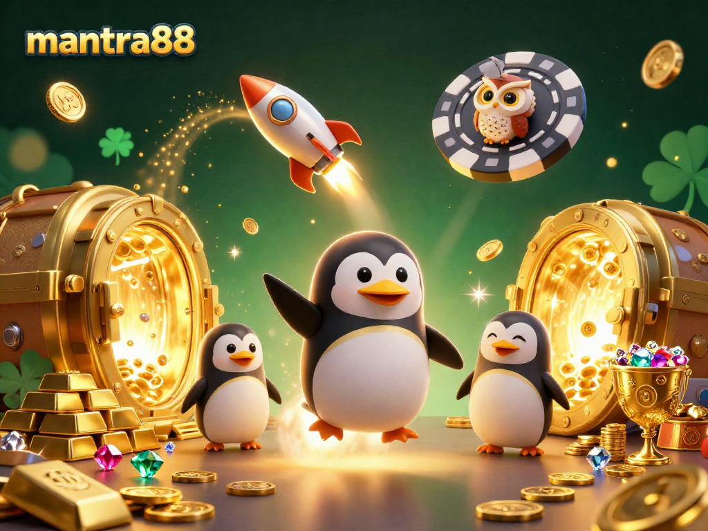 Experience mantra88 thrills with a golden penguin and dazzling casino elements bursting with treasures.