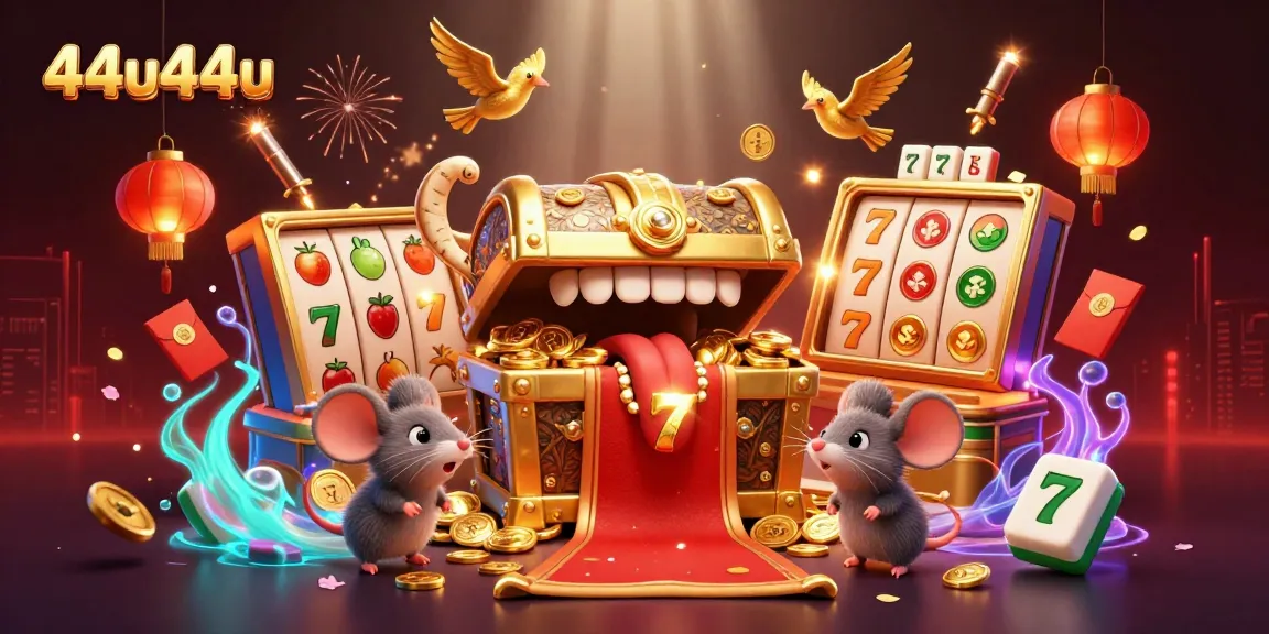 Experience the thrill of winning at 44u44u with a vibrant 3D casino-themed illustration featuring a treasure chest and adventurer mice.