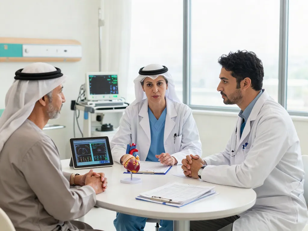 Heart failure treatment in Abu Dhabi consultation showing doctor and patient discussing personalized care options in modern hospital.