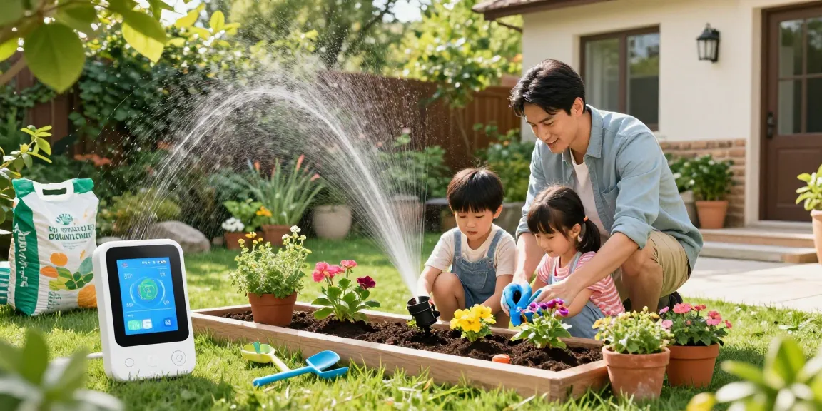 wifi sprinkler controller in a family garden setting with parents and children planting flowers while optimizing irrigation