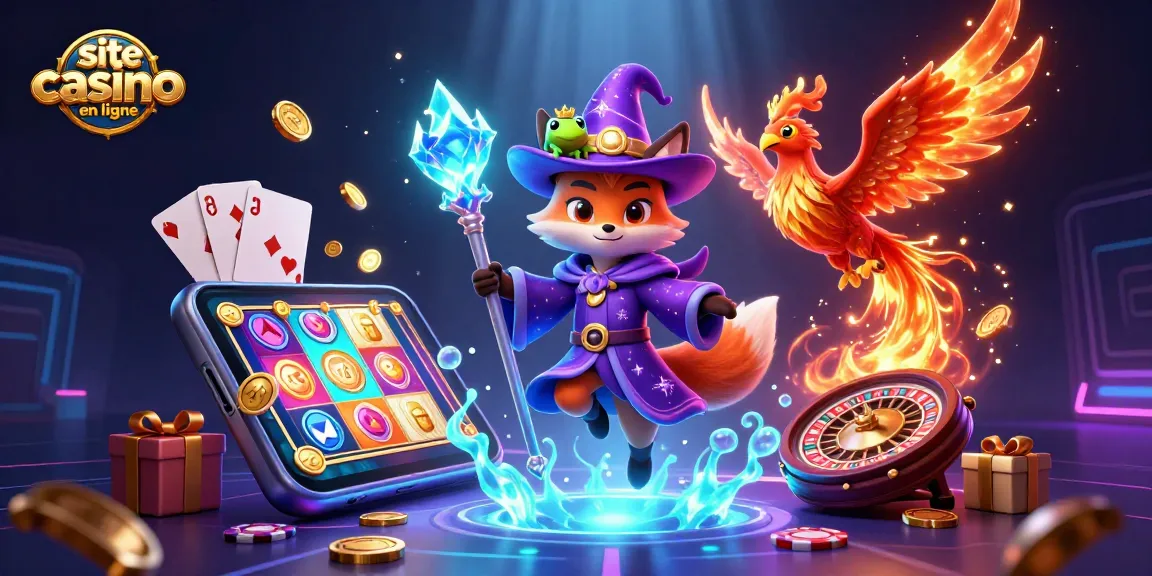 Jouer sur un site casino en ligne avec un sorcier et un phénix entourés de jeux de casino en 3D.