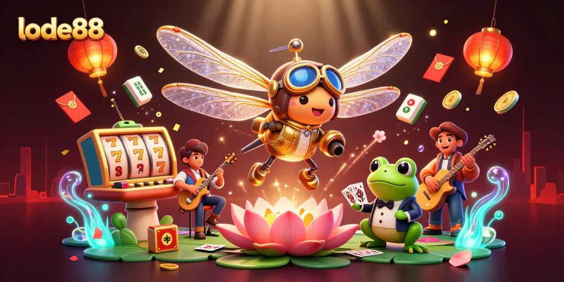 Lode88 casino illustration with dragonfly pilot, frog dealer, and jazz musicians, showcasing vibrant gambling elements.