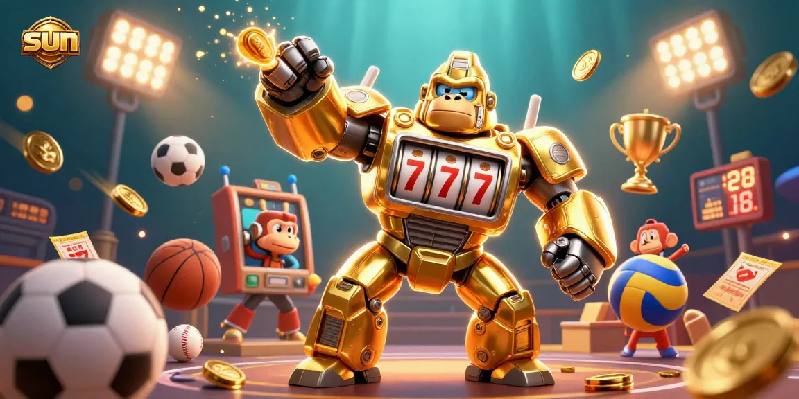 Experience the excitement of sun-themed casino gaming with a dynamic golden gorilla mech and sports elements.