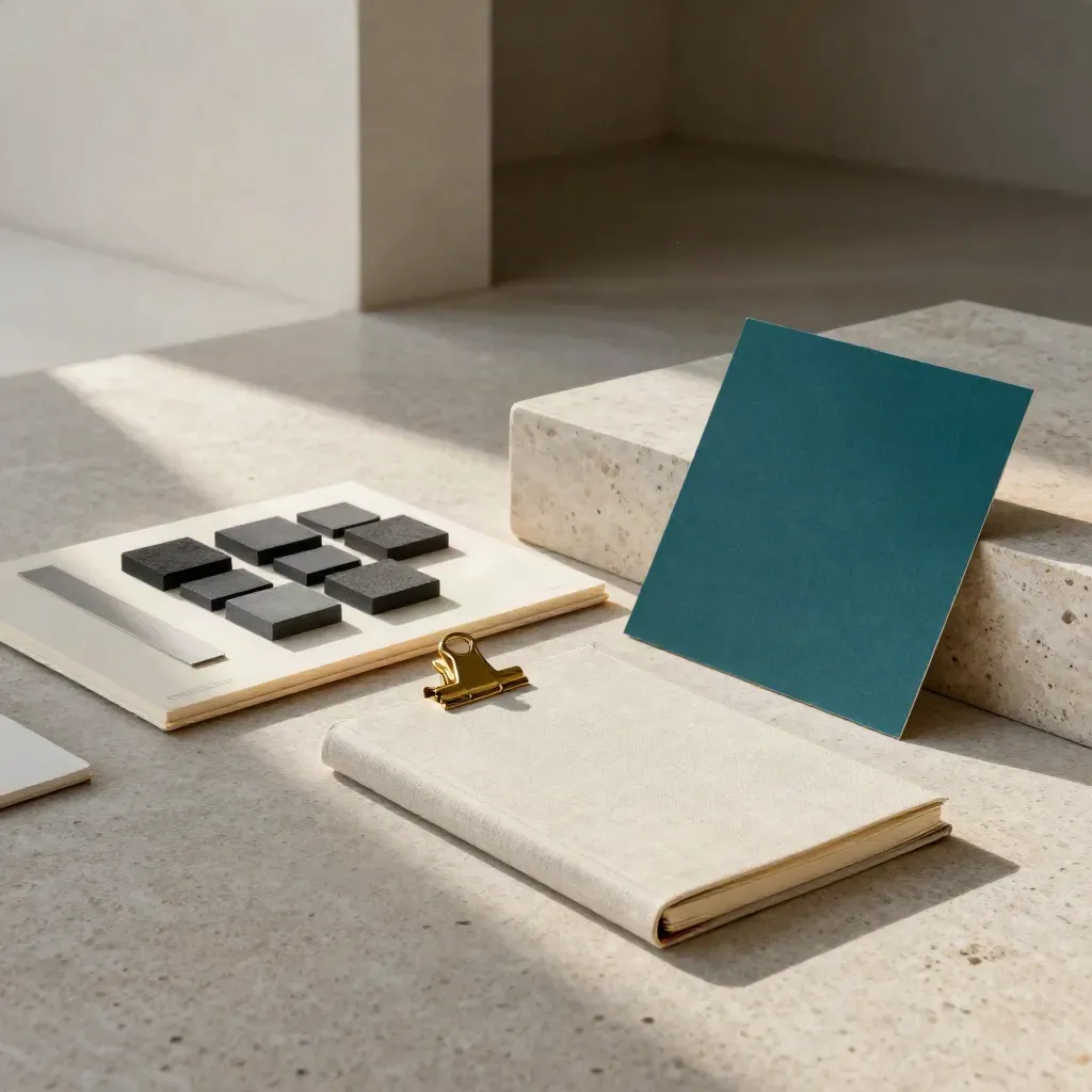 Premium strategy studio tableau with ivory boards, linen notebook, brass clips, teal acetate and stone plinth.