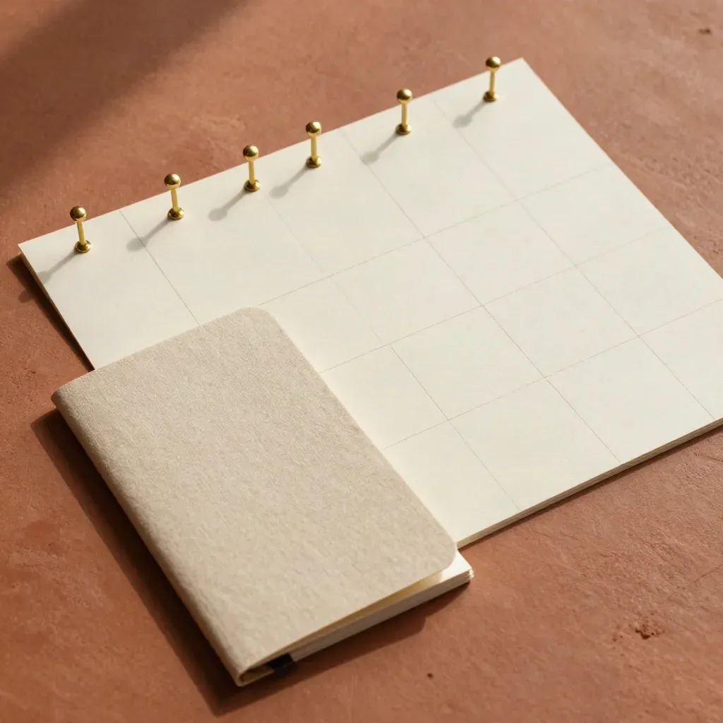 Overhead grid of blank index cards, brass pegs, and notebook corner on terracotta plaster.