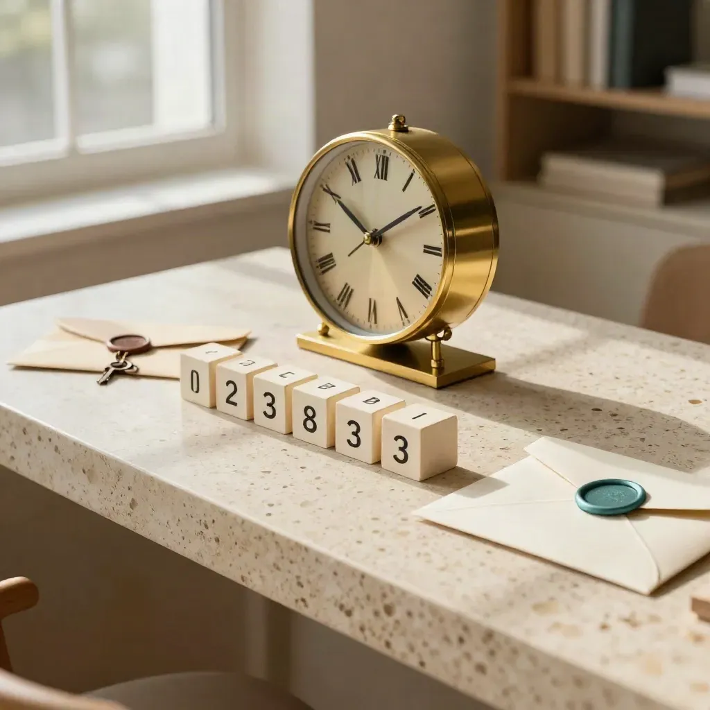 Brass clock, calendar cubes, sealed envelopes and a key token on a warm stone ledge.
