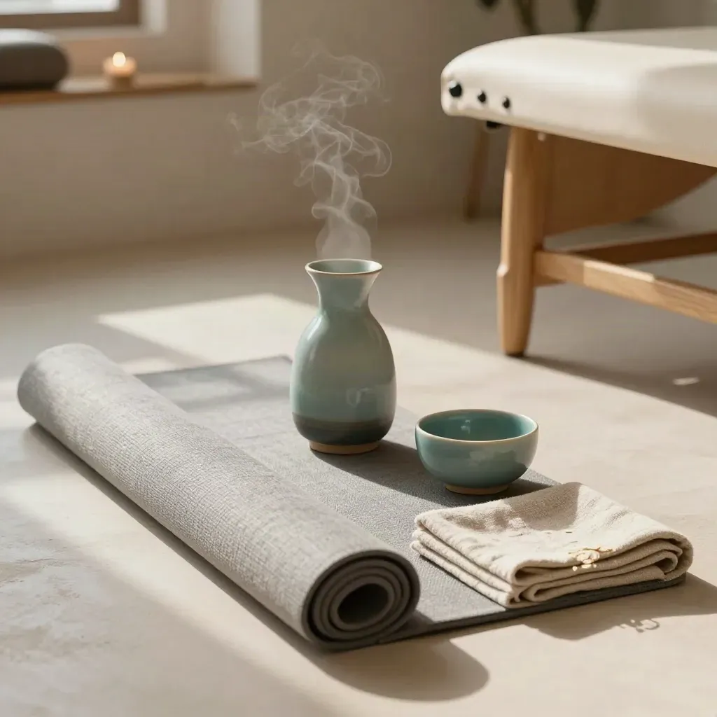 Ash-grey mat, teal ceramic carafe, linen throw and stool in a sunlit studio corner