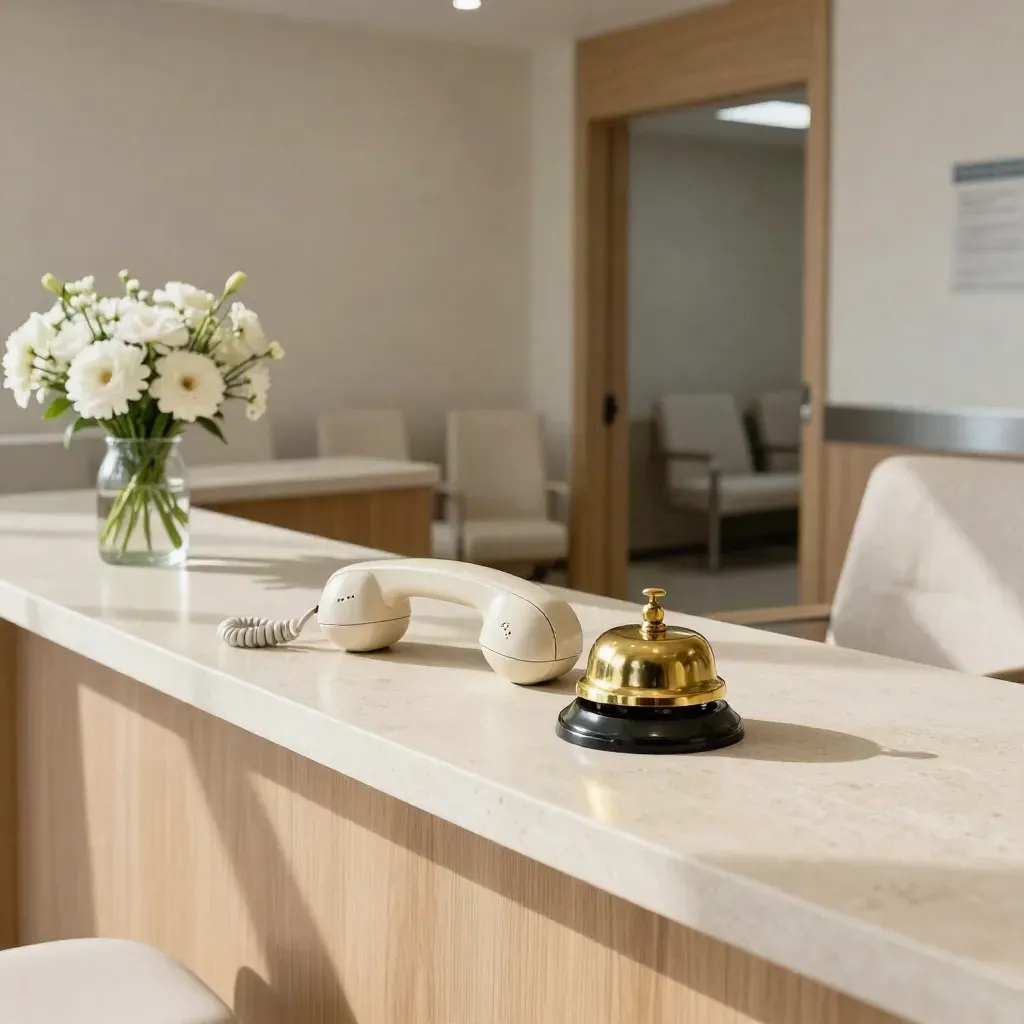Clinic reception with handset, brass bell, flowers and aligned chairs in cool daylight.