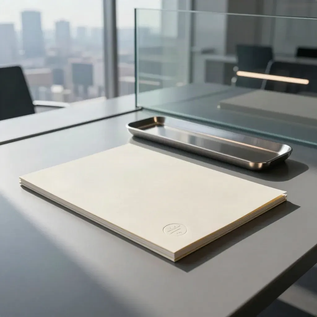 Investor-ready fintech launch room with sealed folio, metal tray, and skyline reflections.