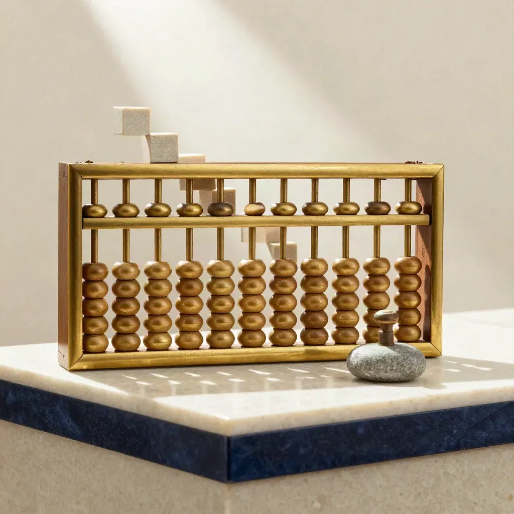 Brass abacus, token blocks, and a stone weight on travertine in dramatic studio light.