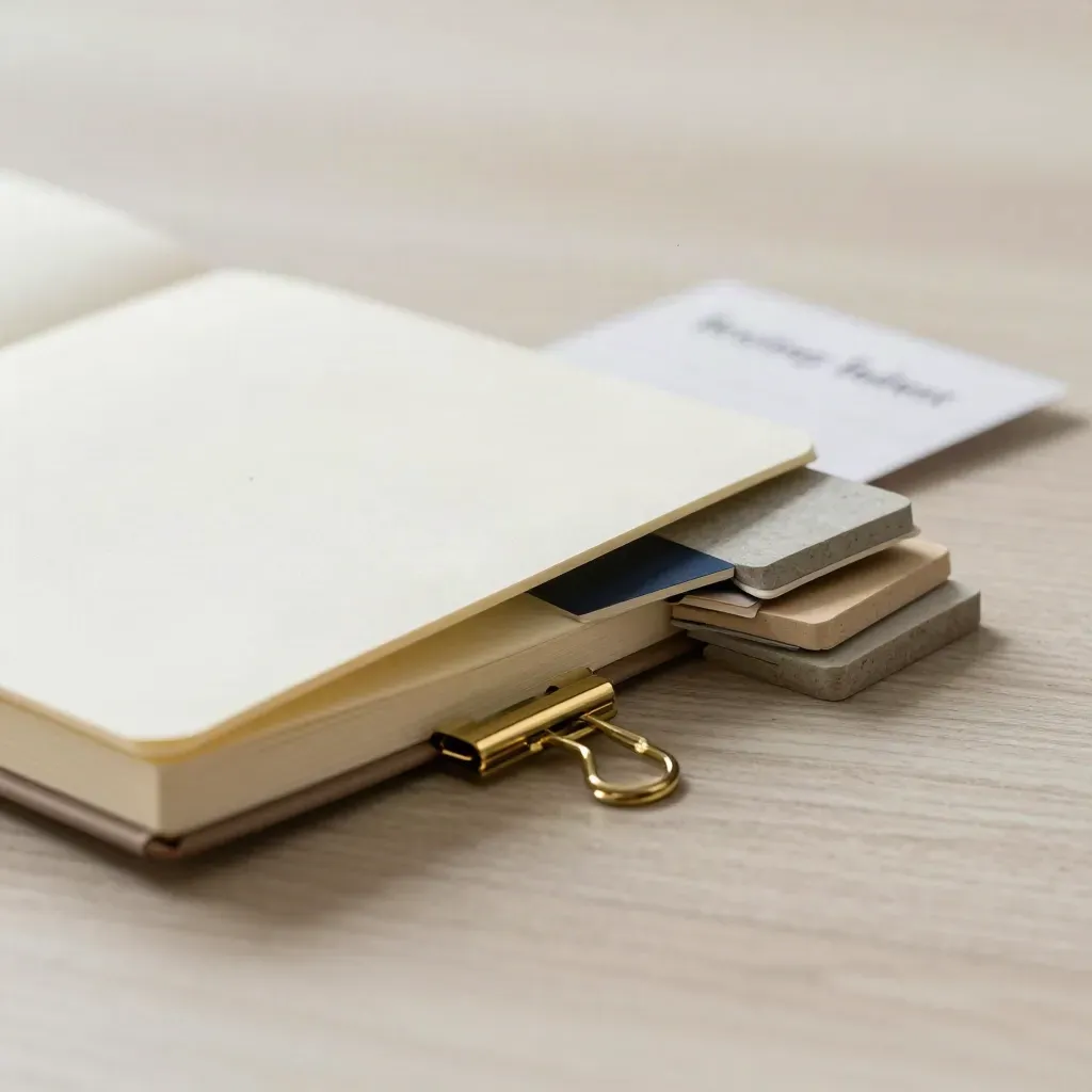 Opened cream notebook, brass clips, and swatch chips on pale wood in soft side light.