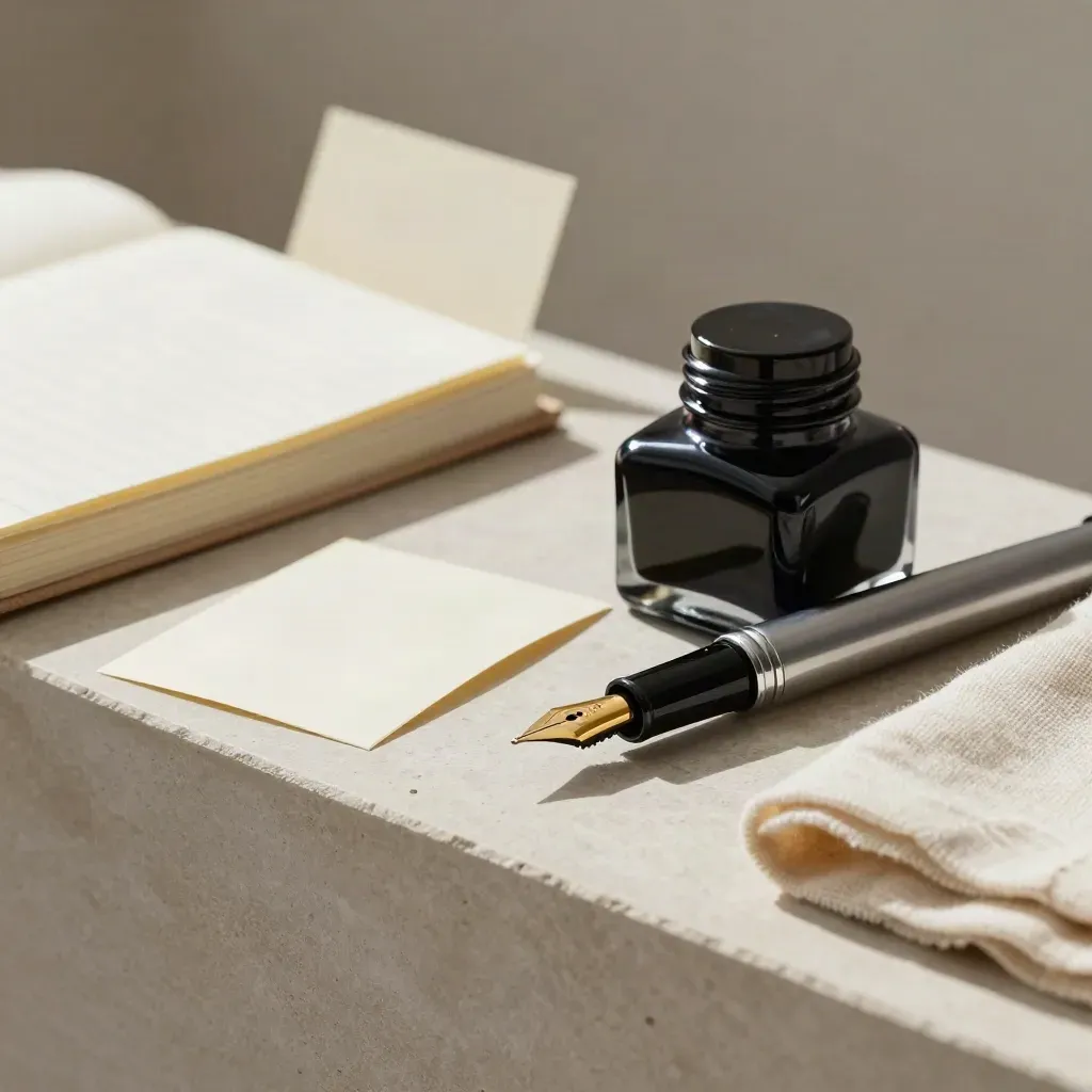 Ink nib, bottle, notebook and blotter on a stone tray in soft side light.