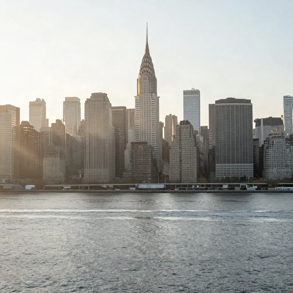 Manhattan skyline and Chrysler Building glowing above the East River at sunset.