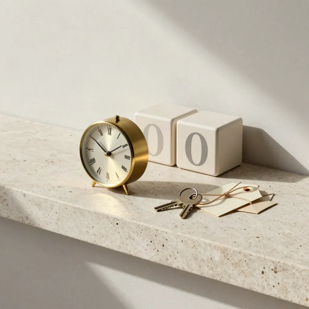 Brass clock, calendar cubes, parcel tag, and key ring on stone for a launch check still life.