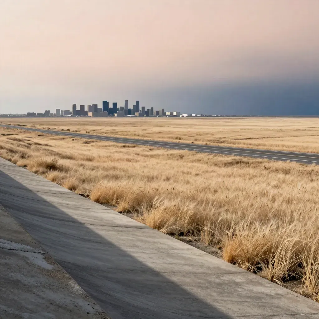 Hazy interstate horizon with prairie, distant city grid, and calm concrete foreground