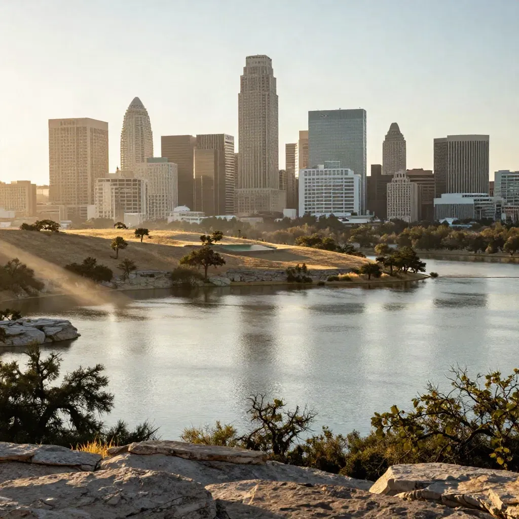 Austin skyline over Lady Bird Lake in warm haze, with limestone banks and open calm foreground.