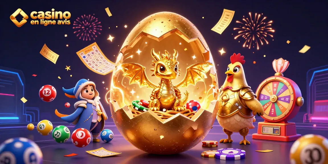 Illustration représentant les avis de casinos en ligne avec un œuf doré et un dragon en or sur des jetons de poker.
