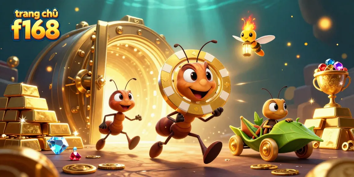 Cute ants carry a giant poker chip in the vibrant scene of trang chủ f168, showcasing a lively casino heist.