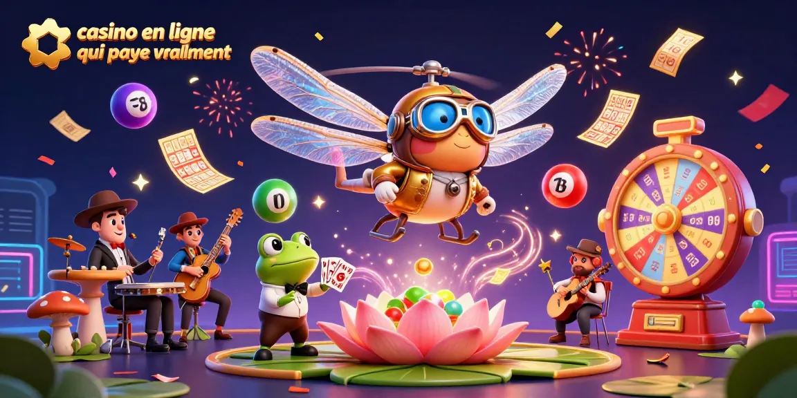 Illustration dynamique Casino en ligne qui paye vraiment, avec pilote libellule et croupier grenouille.