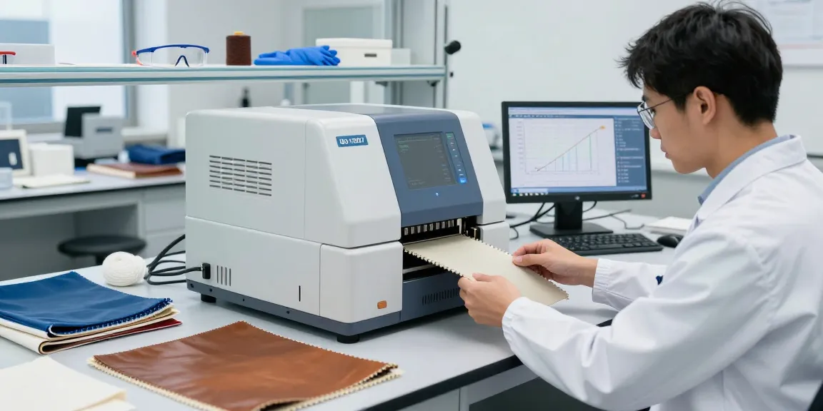 Technician using an ISO 13937 tear testing machine in a laboratory, analyzing fabric tensile strength with real-time data displayed.