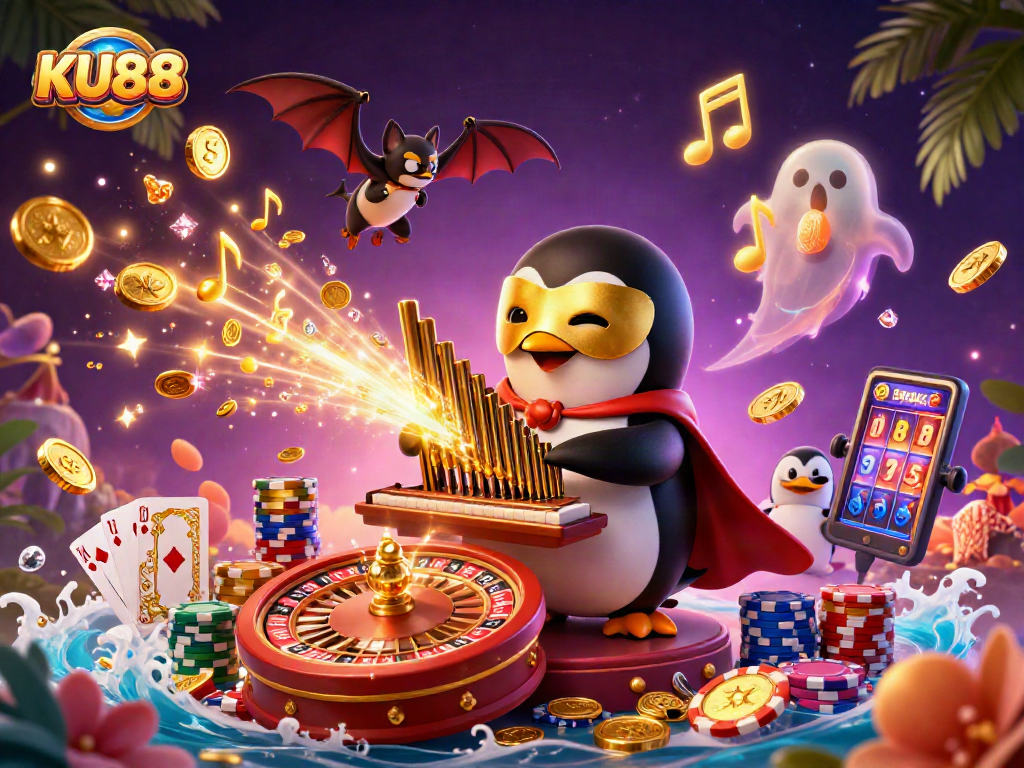 KU88 showcases a vibrant casino scene with a penguin playing an organ, coins flying, and an acrobat above.