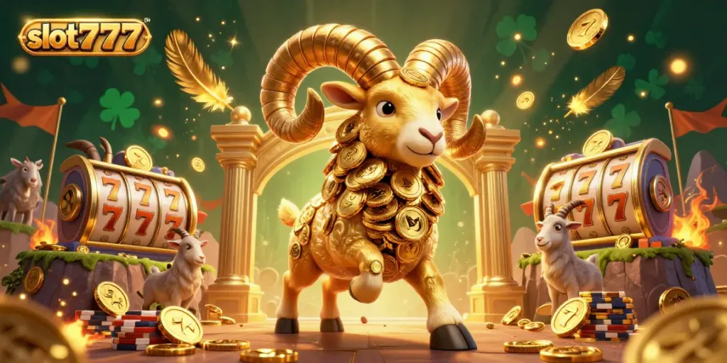 Ram emas dengan koin menyerang gerbang slot777 di arena taruhan dengan suasana penuh energi.