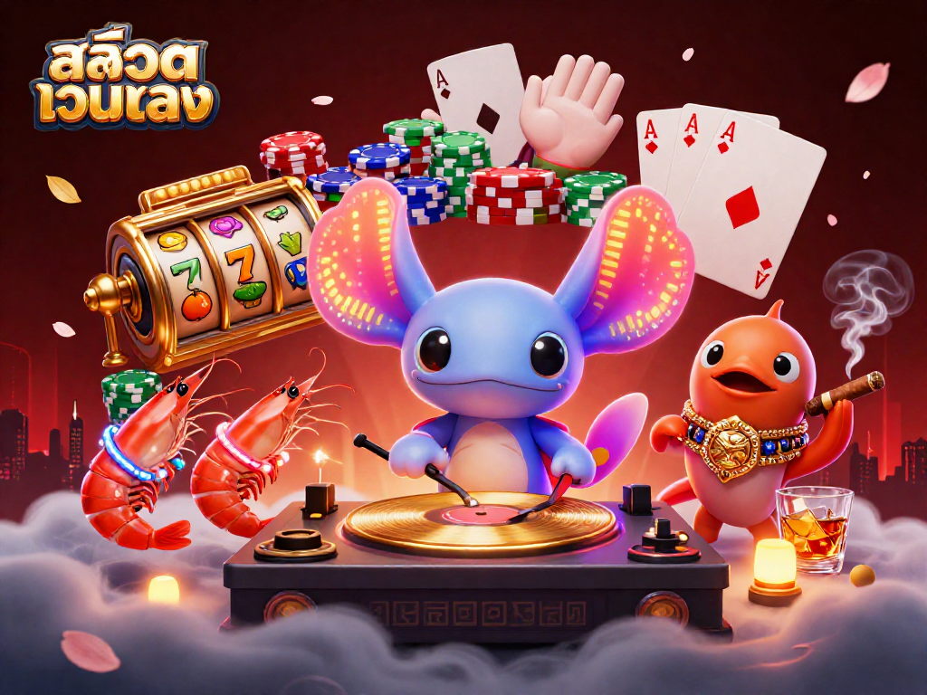 Experience the excitement of สล็อตเว็บตรง with neon axolotl DJ and celebrating shrimp in this electrifying illustration.