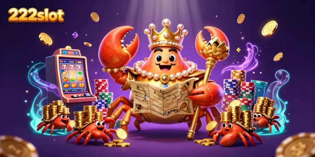 Permainan 222slot dengan kepiting emas kerajaan dikelilingi oleh koin emas dan perhiasan.