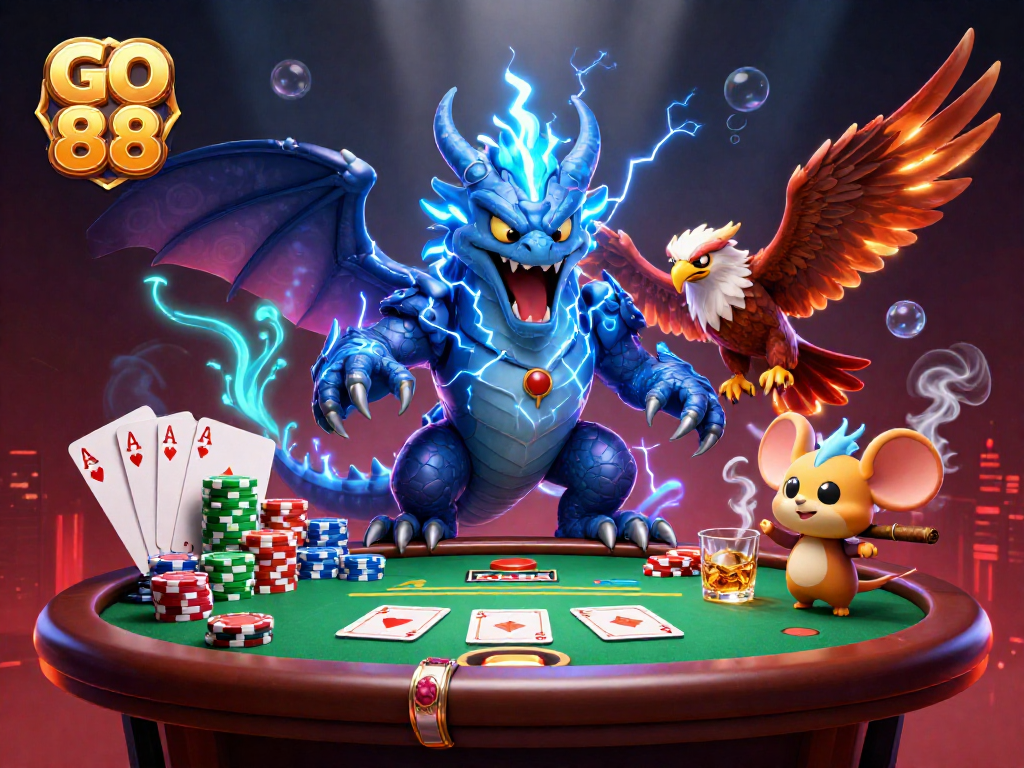 Experience thrilling GO 88 poker action with vibrant dragon, hawk, and chip towers.