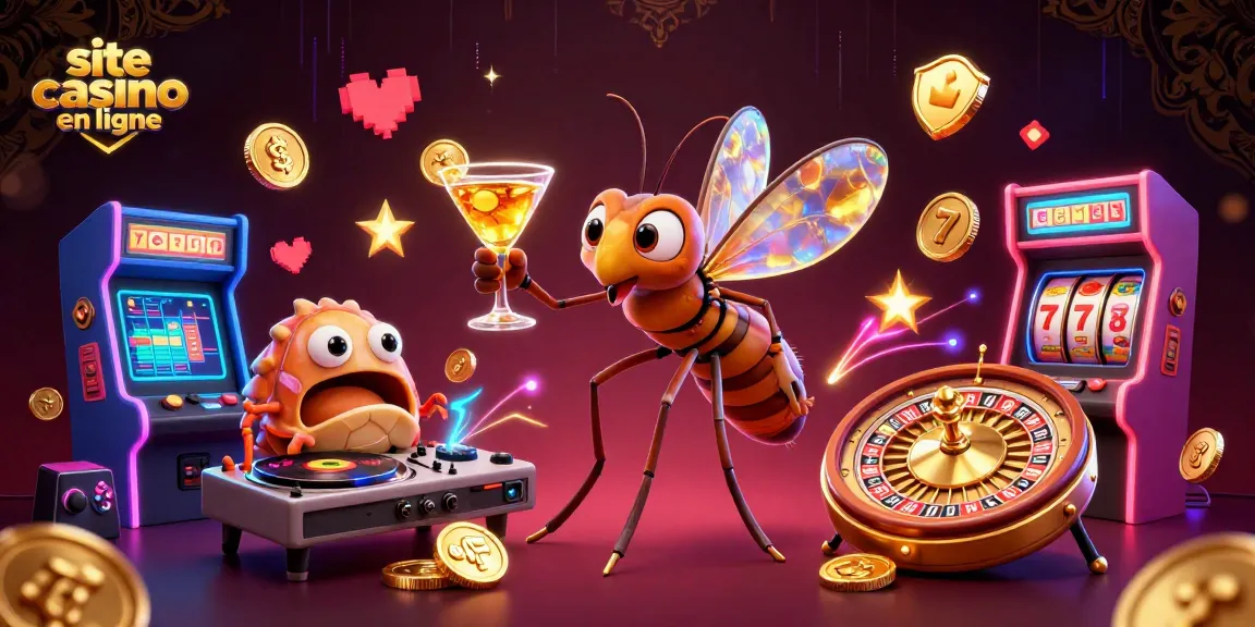 Découvrez le site casino en ligne avec une illustration dynamique de mascottes et de jeux.