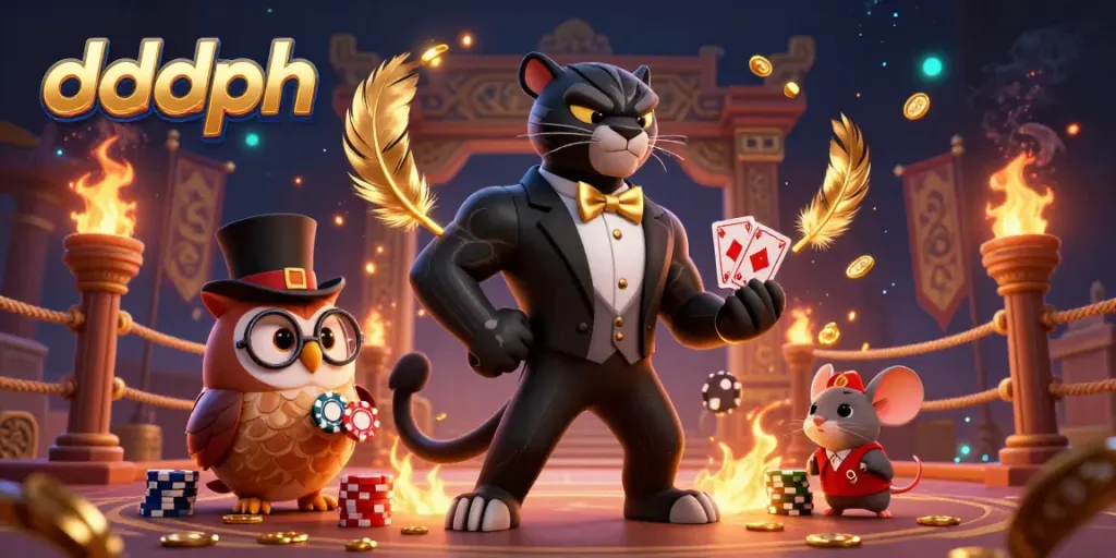 Catch the stylish black panther dealing cards at dddph casino, flanked by a wise owl and lucky mouse.