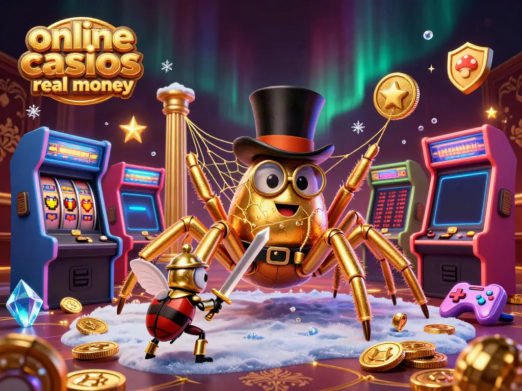 Experience online casinos real money with a golden tarantula weaving golden webs at a vibrant casino.