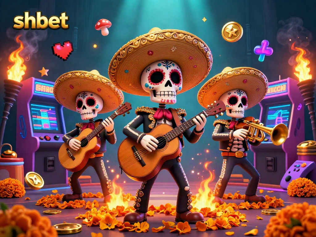 Join the lively shbet mariachi band playing amidst colorful casino games and vibrant celebrations.