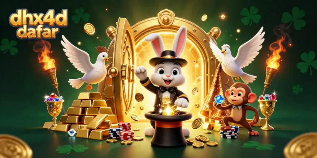 Ilustrasi 3D menampilkan "dhx4d daftar" dengan karakter kasino yang lucu dan atmosfer yang magis.