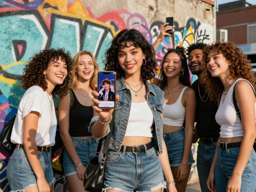 Celebrity i look like app showcased in vibrant urban scene with friends.