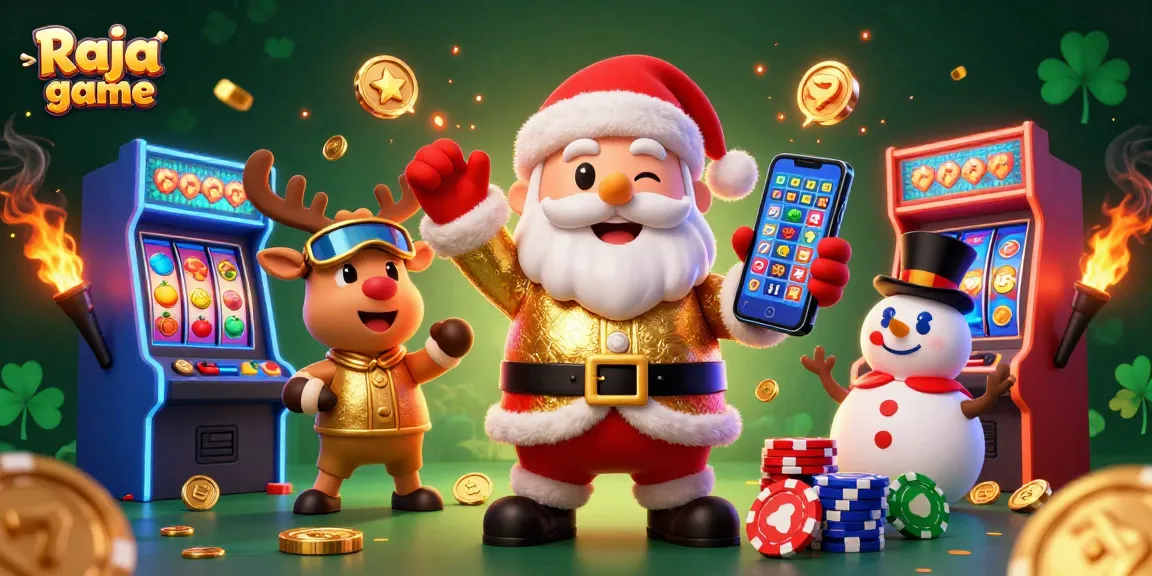 Engage in exciting slots with Raja game featuring Santa and friends in a lively casino atmosphere.