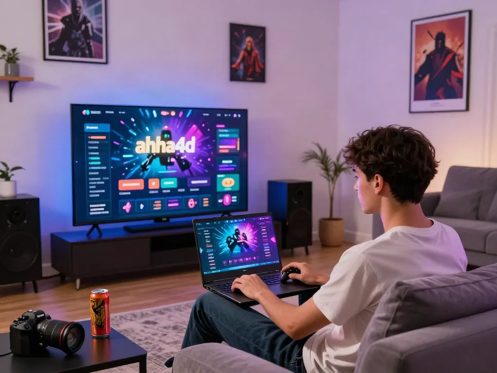 Youth enjoying gaming and betting experience on ahha4d platform in modern living room.