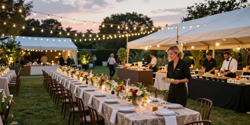 Event rentals setup for an outdoor gala with elegant tables and cheerful atmosphere.