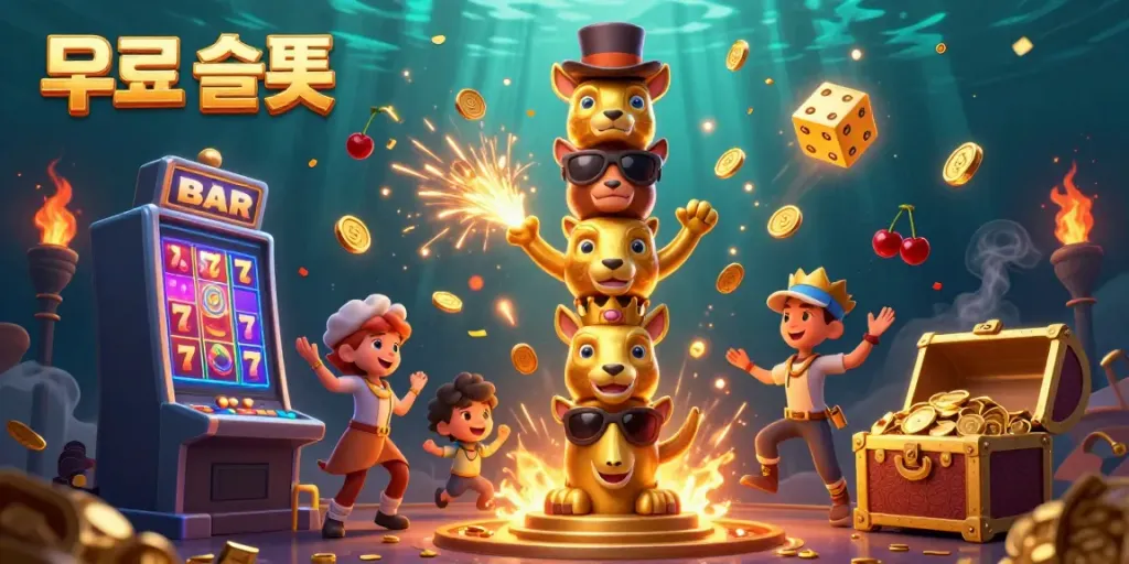 Experience the thrill of 무료슬롯 with vibrant slot machines, a golden totem, and explosive jackpot visuals.