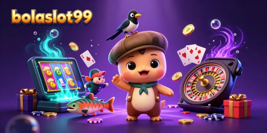 Experience the fun of bolaslot99 with a playful Nessie and friends in a vibrant gaming scene.