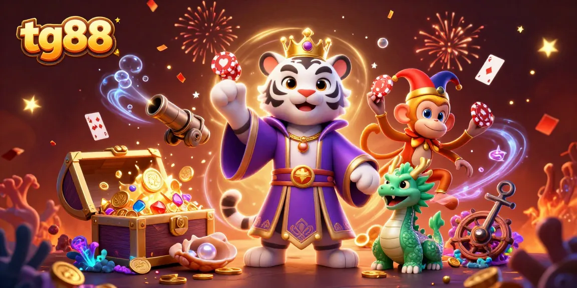 Experience the excitement of tg88 with a lively 3D illustration featuring a regal tiger, jovial monkey, and jade dragon engaging in spirited gaming.