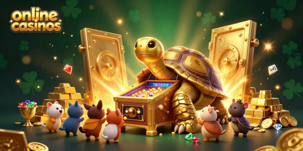 Engaging scene showcasing online casinos with a golden tortoise pinball machine attracting eager players.