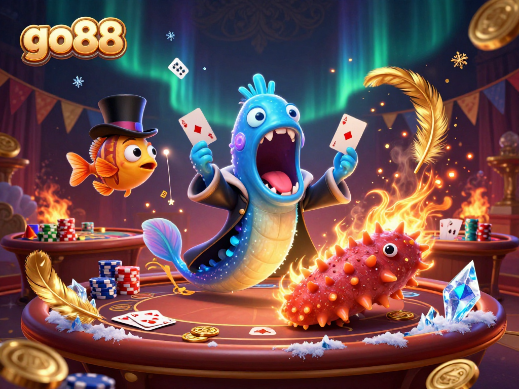 Engage with go88's vibrant casino scene featuring whimsical sea creatures performing magic tricks amidst poker tables.