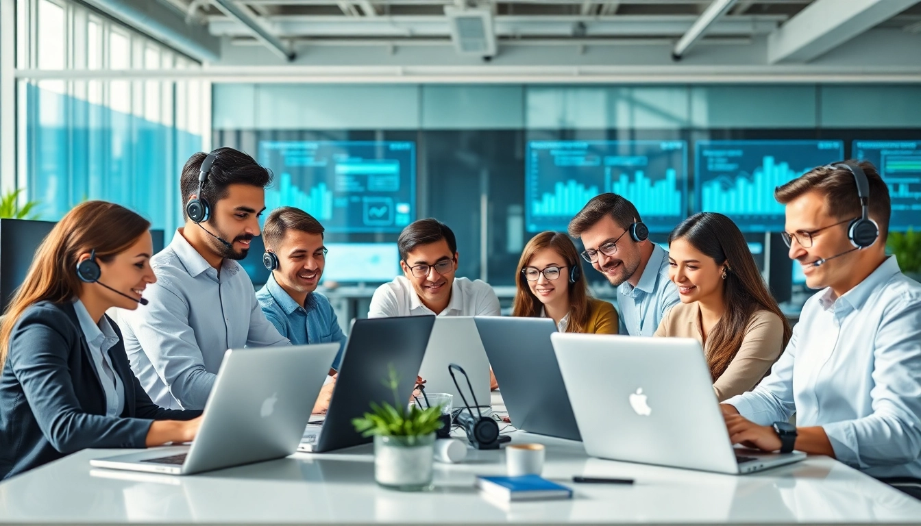 IT support businesses collaborating in a modern office with vibrant technology and teamwork.